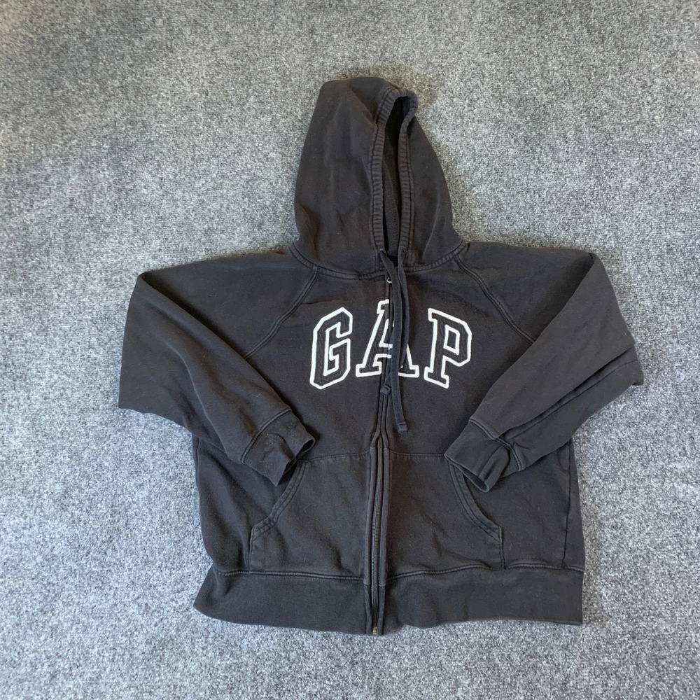 Gap Hoodie Womens Medium Black Embroidered Logo Raglan Sleeve Full Zipper Winter
